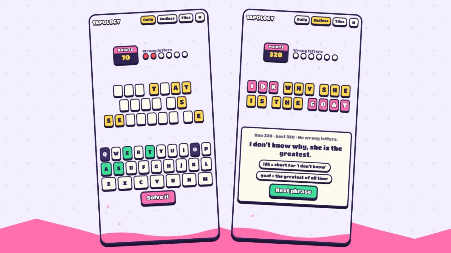Yapology — A phrase written in slang, hidden one letter at a time. Guess letters to turn them over, solve it when you can, and see what it really means.